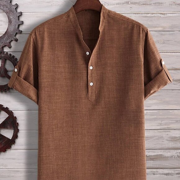 Coffee Brown Casual Mens Half Button Roll Up Sleeve Shirt - Picture 1 of 5